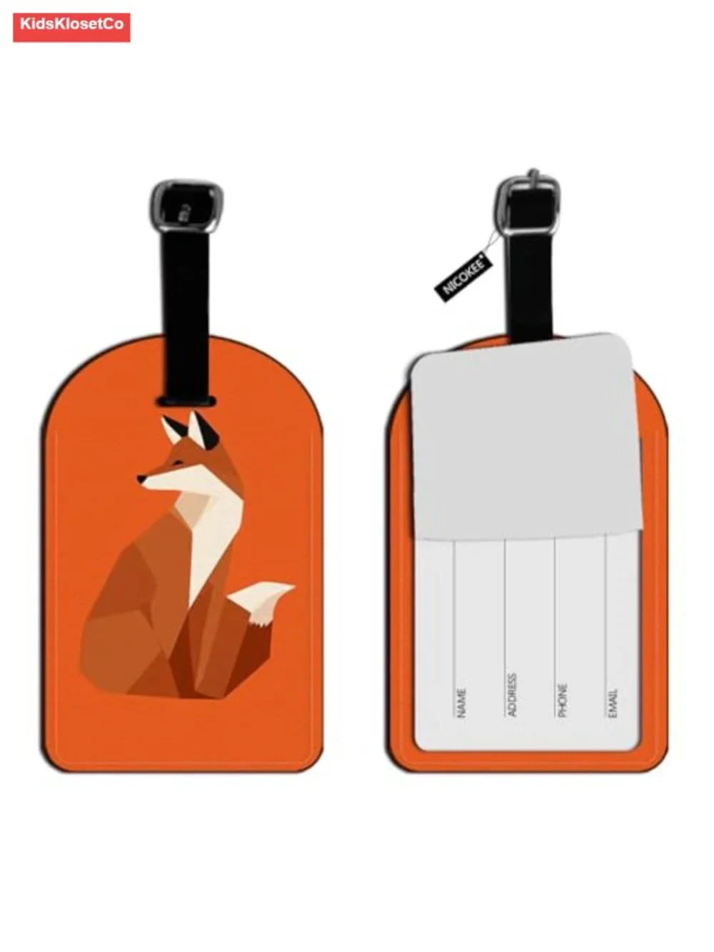 PU Leather Luggage Tag with Privacy Flap, Red Fox Design, Travel ID Tag for